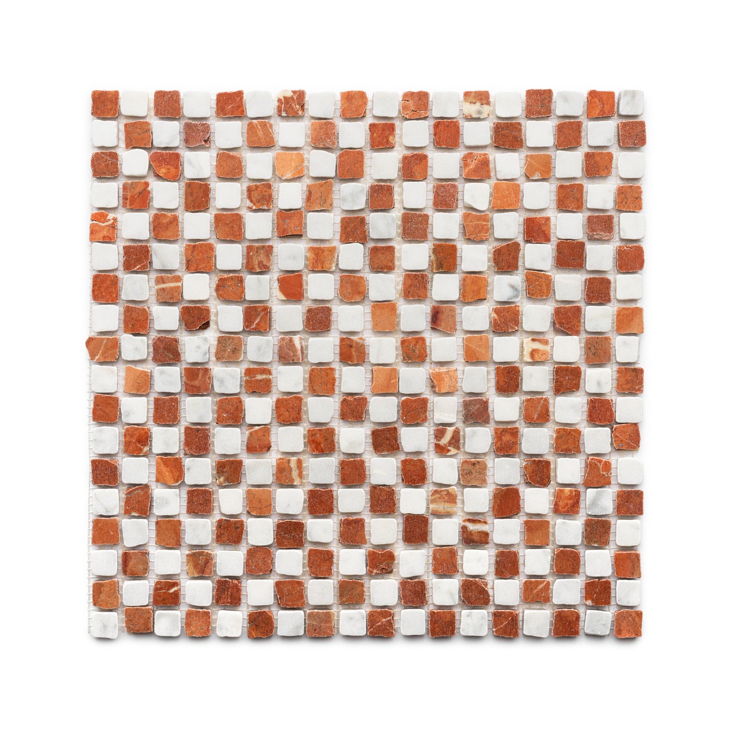 The Mini Check in Carrara + Rosso Alicante by Zia Tile showcases a square mosaic sheet with a red-brown and white marble checkerboard pattern, viewed from above against a white background.