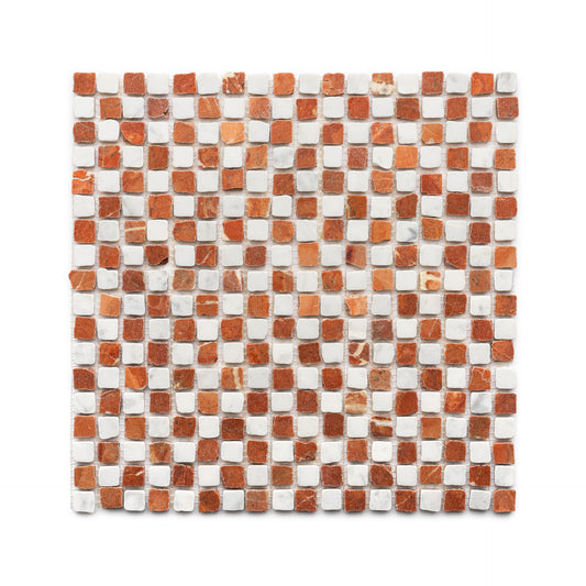 The Mini Check in Carrara + Rosso Alicante by Zia Tile showcases a square mosaic sheet with a red-brown and white marble checkerboard pattern, viewed from above against a white background.
