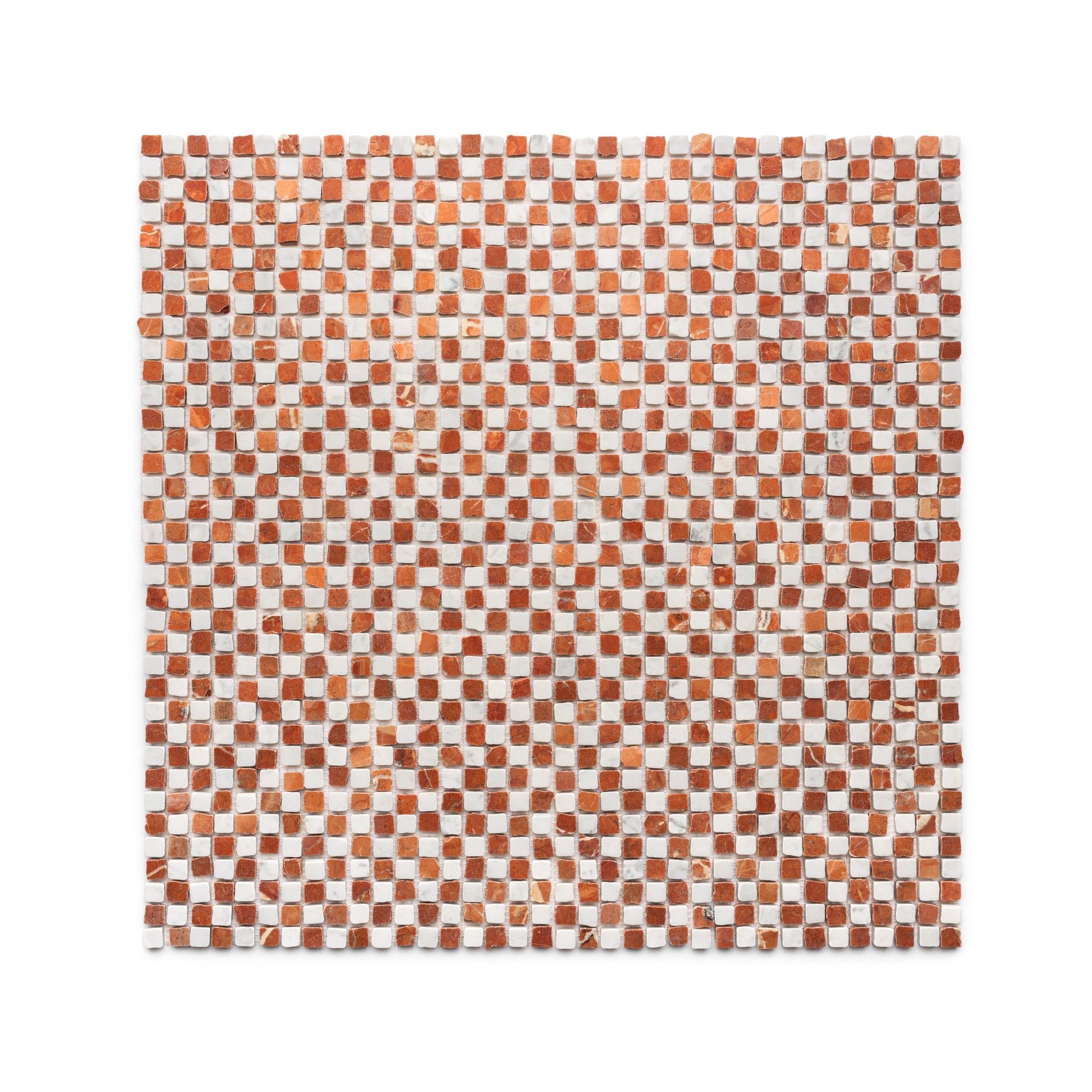 The Mini Check in Carrara + Rosso Alicante by Zia Tile is a square mosaic tile sheet featuring a checkerboard pattern of small white and red tiles in alternating rows.