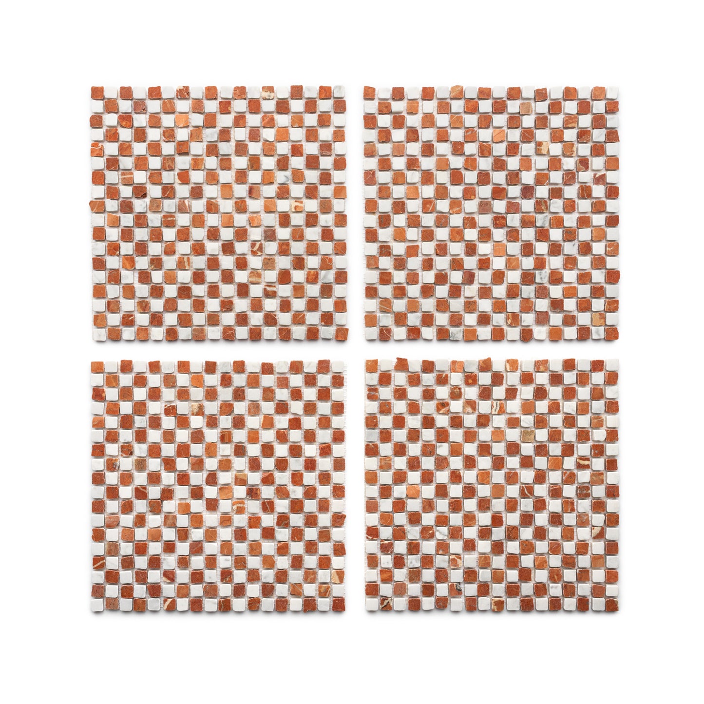 Four square coasters arranged in a grid, each featuring Zia Tile's Mini Check in Carrara + Rosso Alicante, with a checkered pattern of small orange and white tiles on a white background.