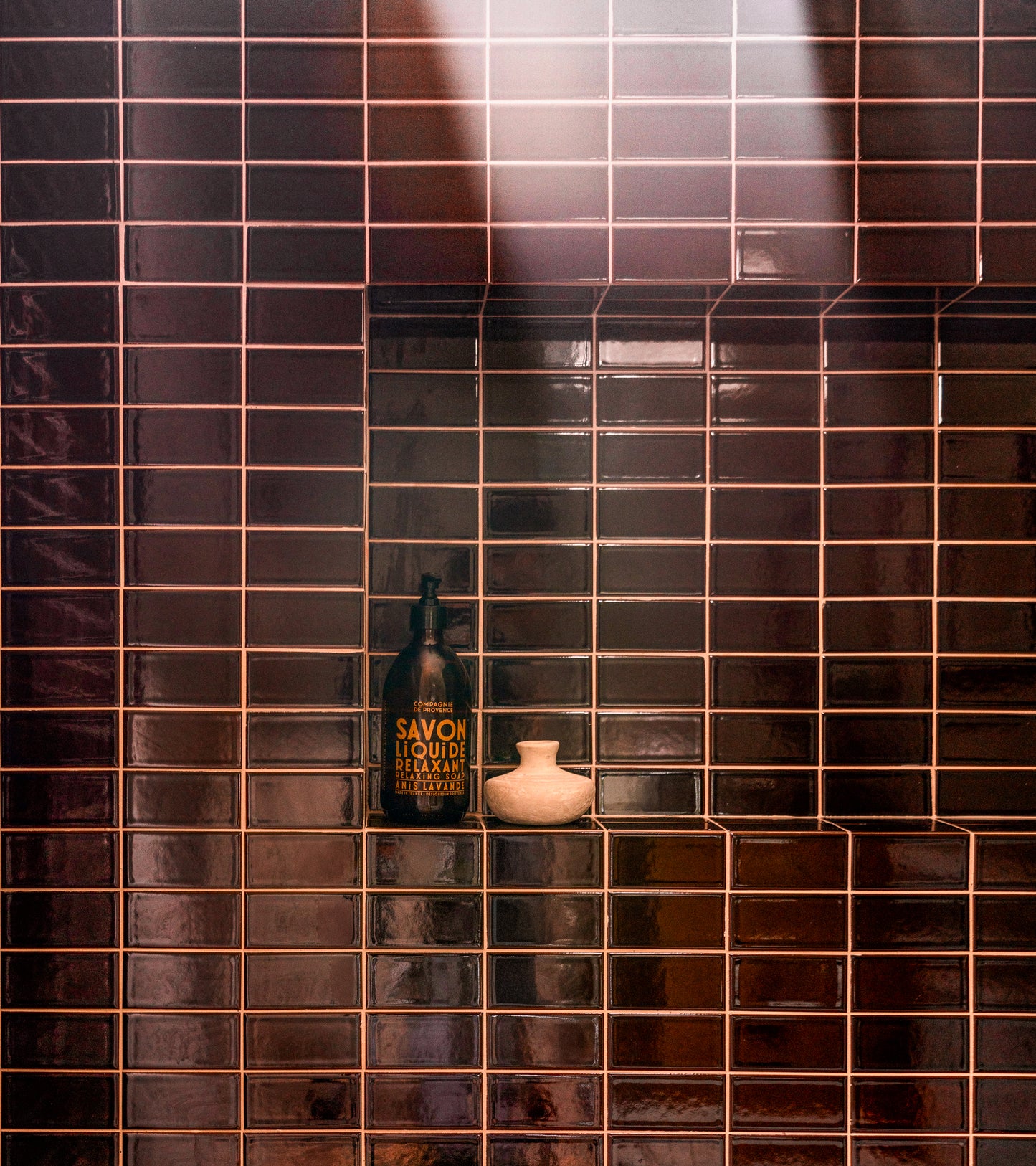 A shower niche features Zia Tile Molasses 2x4 glossy dark brown tile, displaying a black Savon Liquide bottle and a small light ceramic pot, softly illuminated by natural light.