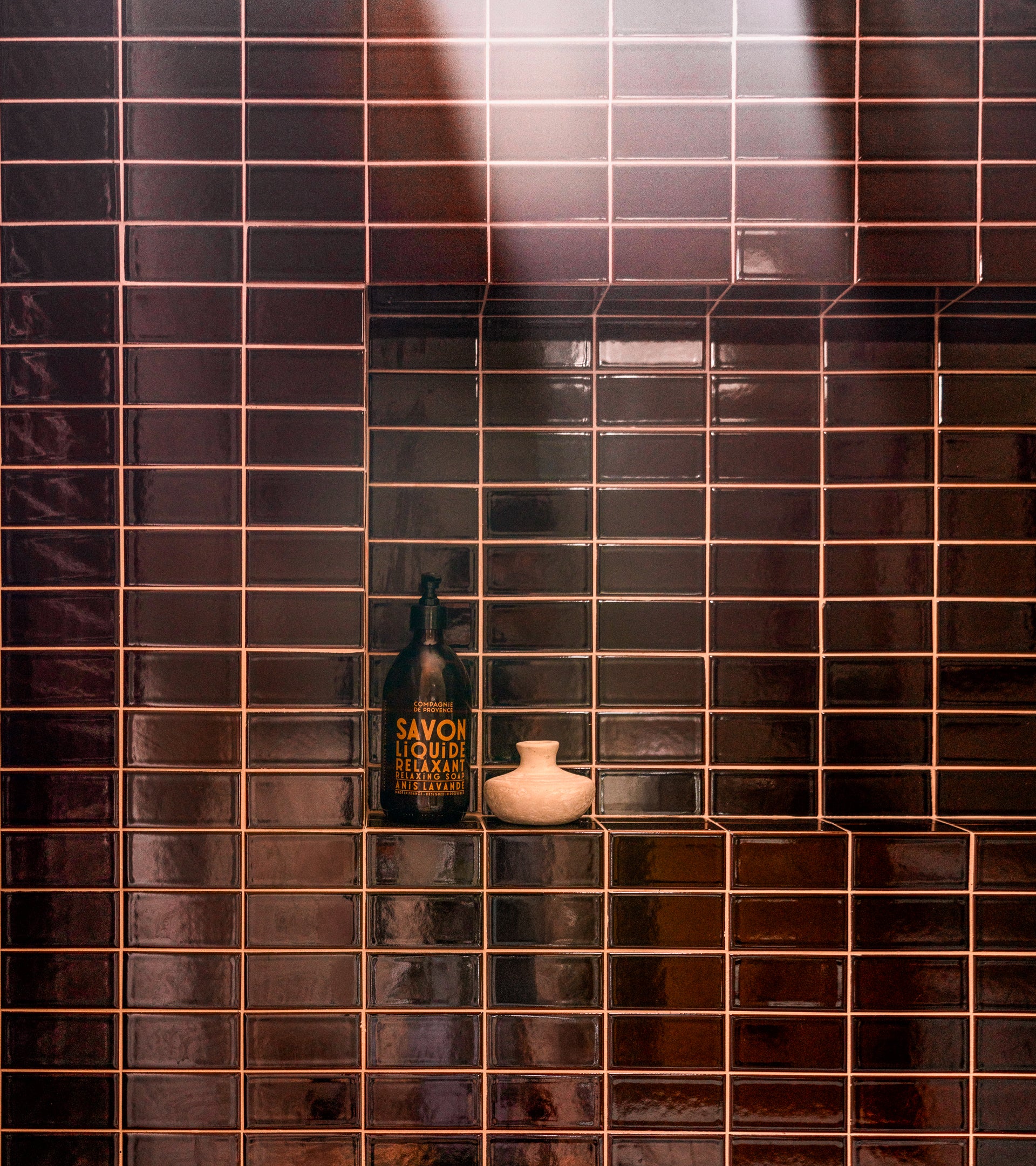 A shower niche features Zia Tile Molasses 2x4 glossy dark brown tile, displaying a black Savon Liquide bottle and a small light ceramic pot, softly illuminated by natural light.