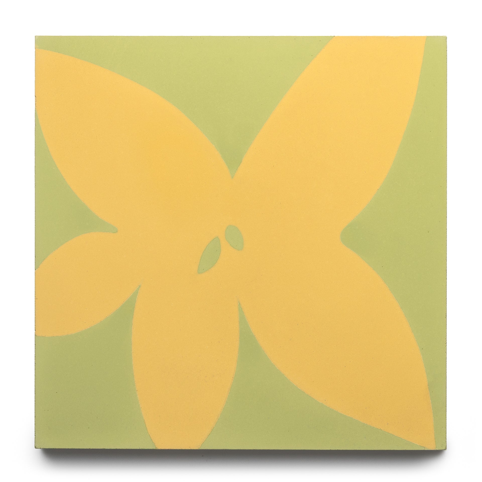 The Flora 8x8 Set Mustard + Lemongrass by Zia Tile features a square tile with a light green background and an abstract yellow four-petal flower accented by two small ovals, creating a simple, modern design.