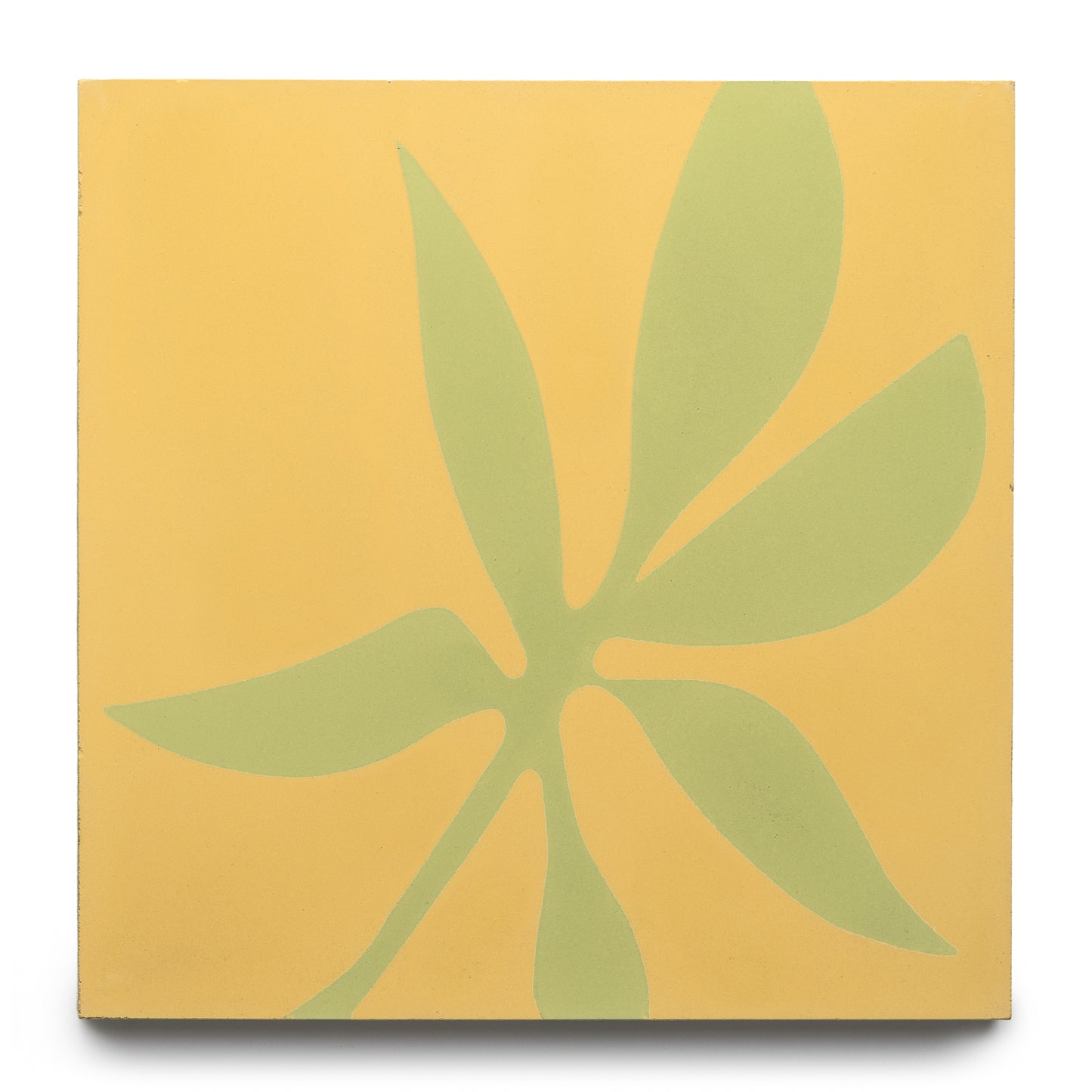 The Flora 8x8 Set Mustard + Lemongrass by Zia Tile features a solid yellow square tile with a light green abstract leaf design of six elongated shapes extending diagonally across the surface.
