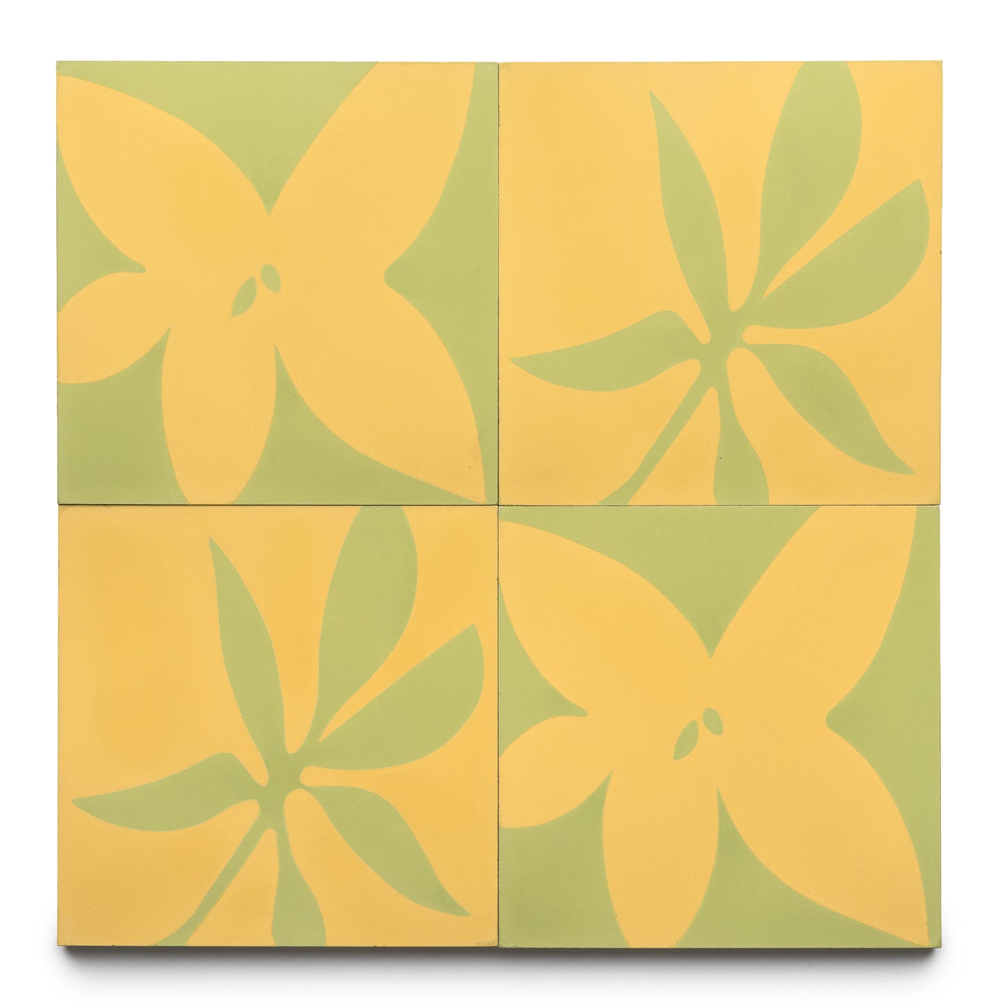 Four Flora 8x8 Set Mustard + Lemongrass tiles by Zia Tile form a rectangular grid, with yellow and green abstract floral designs that combine into a larger symmetrical flower pattern.