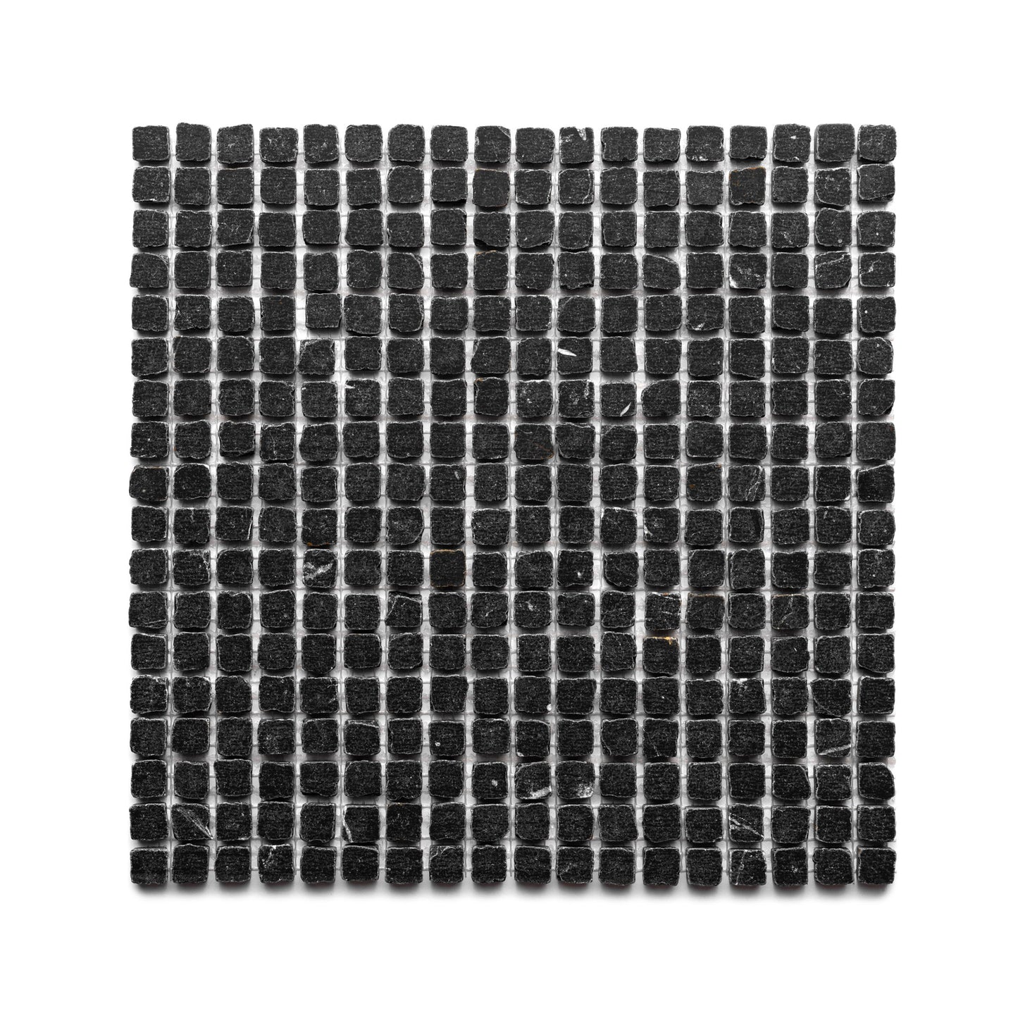 The Zia Tile Nero Marquina 5/8 features a square mosaic of small, evenly spaced black tiles in a grid pattern set against a white background.