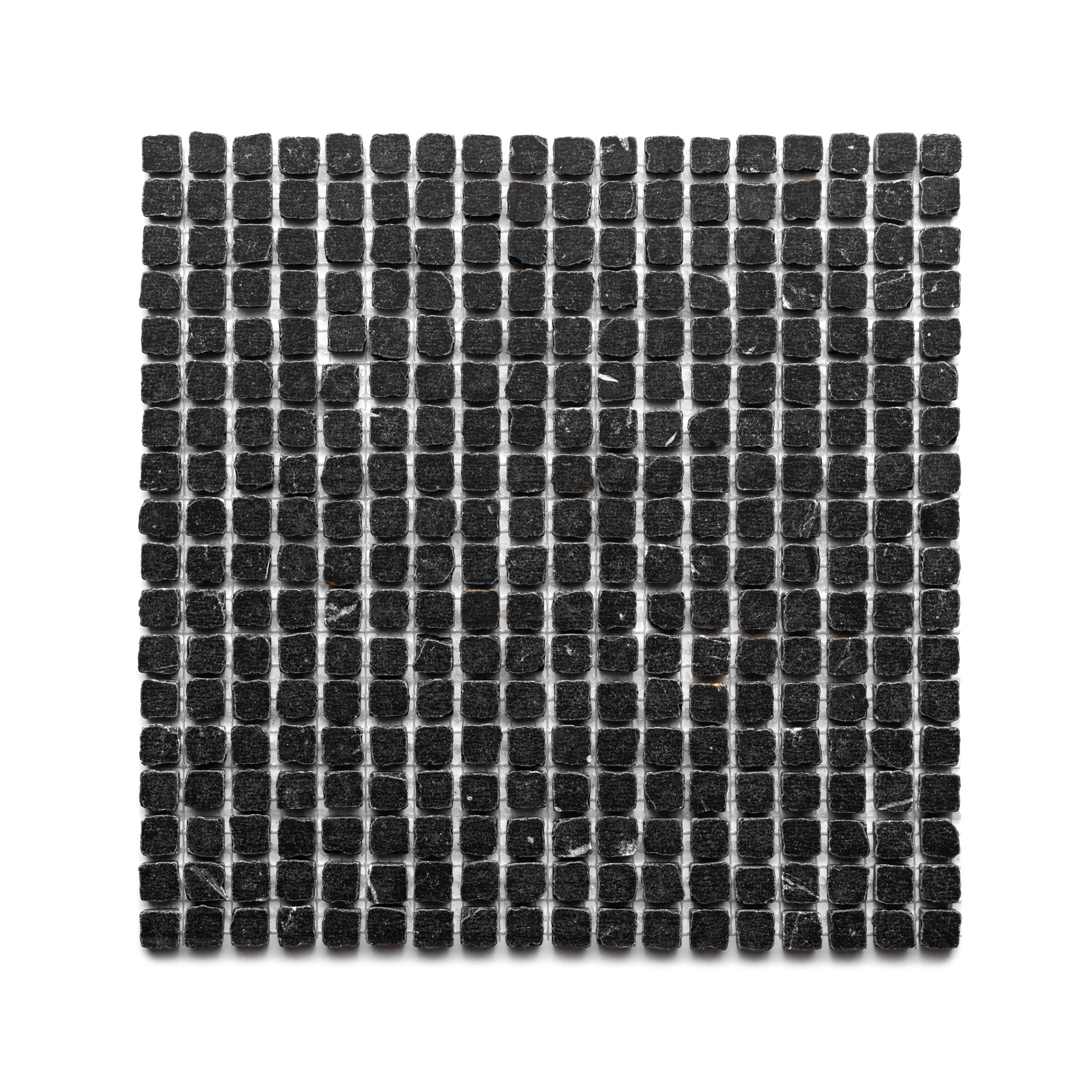 The Zia Tile Nero Marquina 5/8 features a square mosaic of small, evenly spaced black tiles in a grid pattern set against a white background.