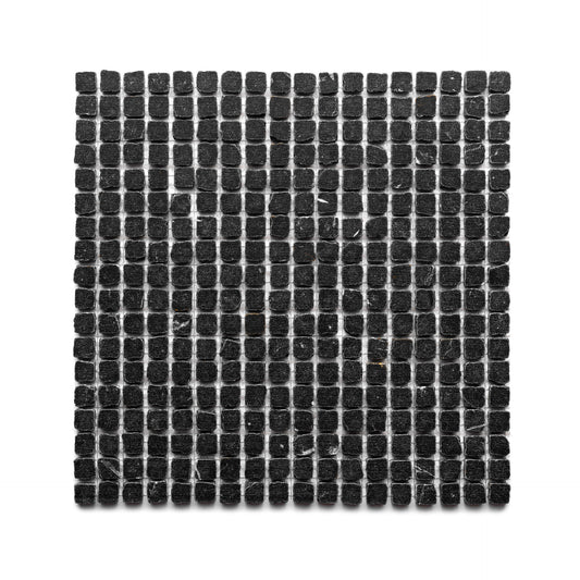 The Zia Tile Nero Marquina 5/8 features a square mosaic of small, evenly spaced black tiles in a grid pattern set against a white background.
