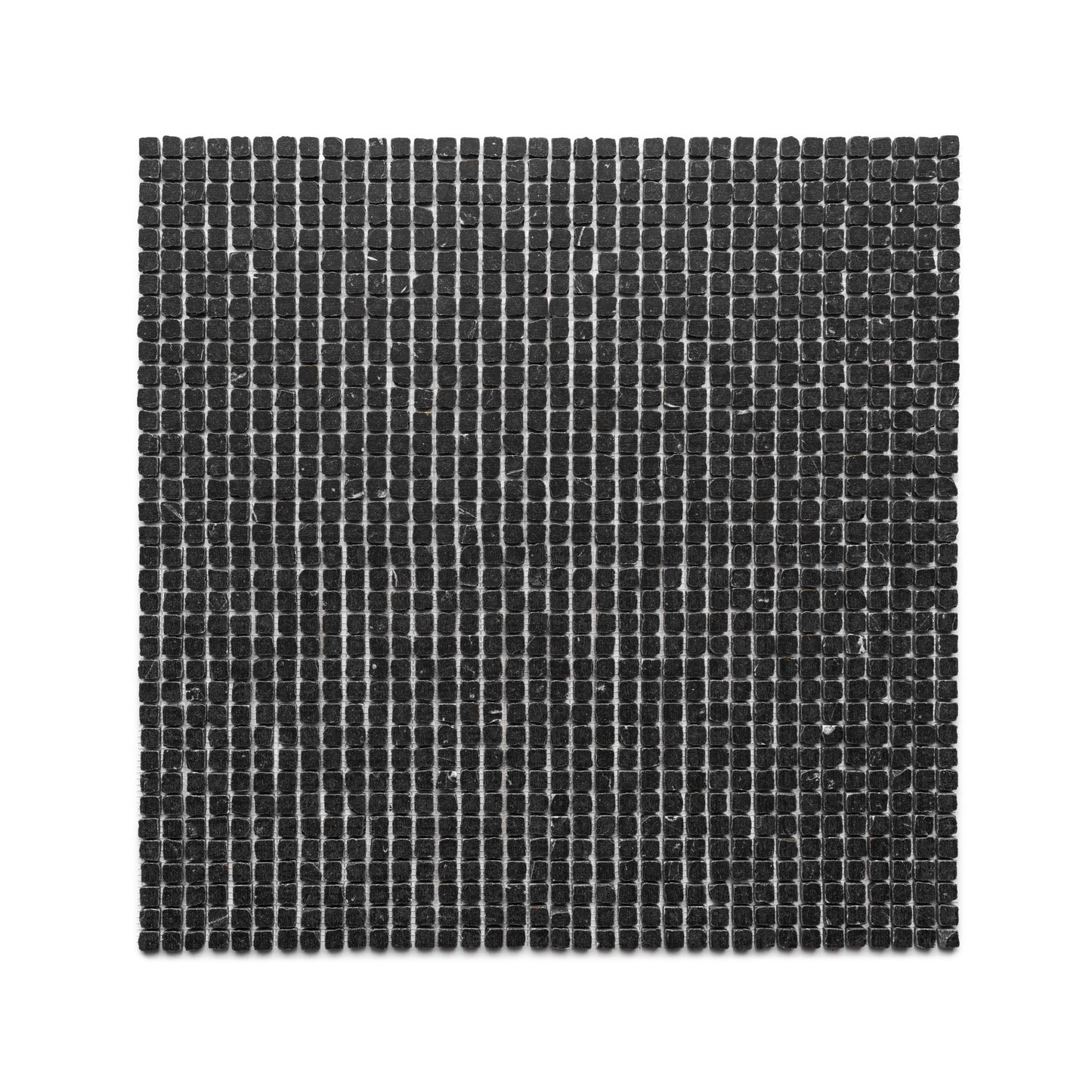 The Zia Tile Nero Marquina 5/8 features a square sheet of small, evenly spaced black mosaic tiles arranged in a grid pattern on a white background.