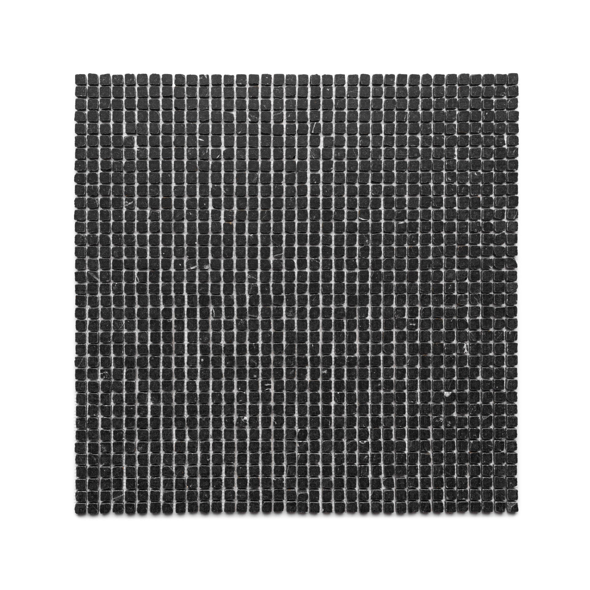 The Zia Tile Nero Marquina 5/8 features a square sheet of small, evenly spaced black mosaic tiles arranged in a grid pattern on a white background.