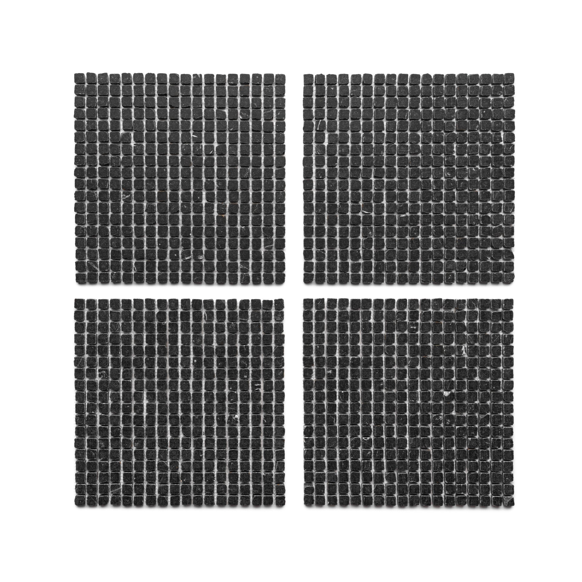 Four Zia Tile Nero Marquina 5/8 mosaic tile sheets are arranged in a two-by-two grid on a white background. Each sheet features small, evenly spaced square black tiles.