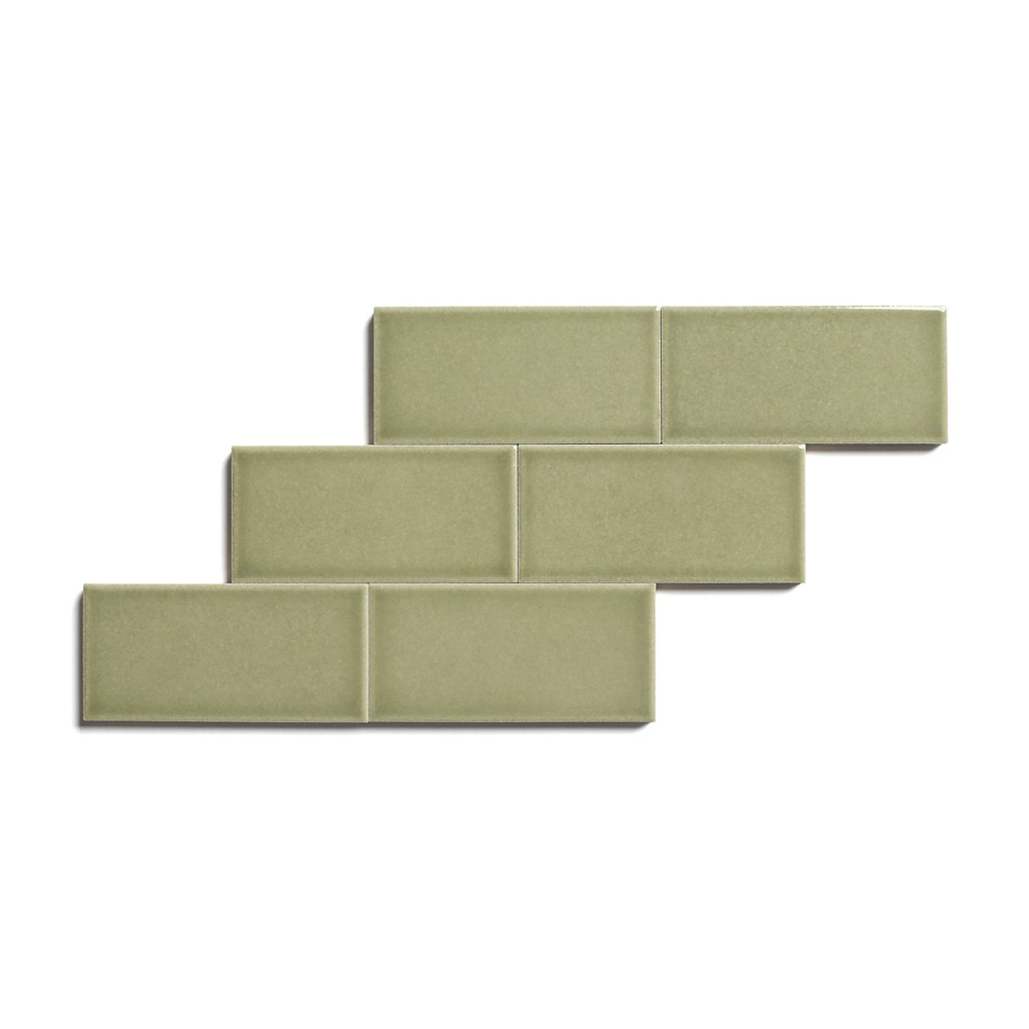Six Ponderosa 2x4 olive-green glossy ceramic tiles from Zia Tile are arranged in a staggered, brick-like pattern against a white background.