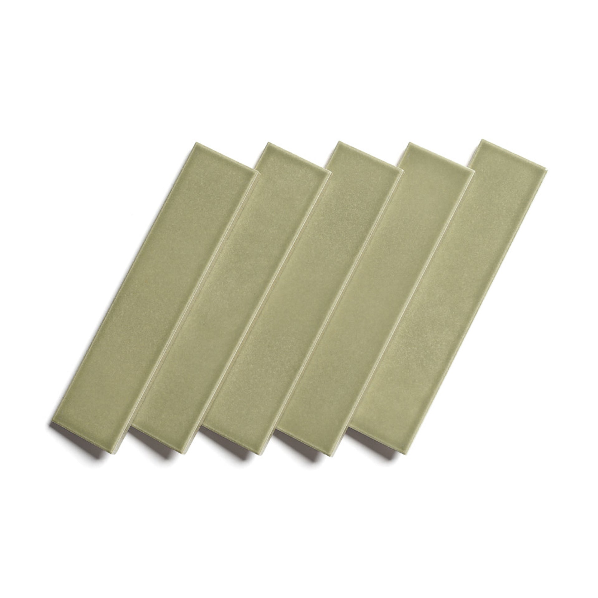 Five Ponderosa 2x8 olive-green glossy ceramic tiles by Zia Tile are arranged diagonally on a white background.