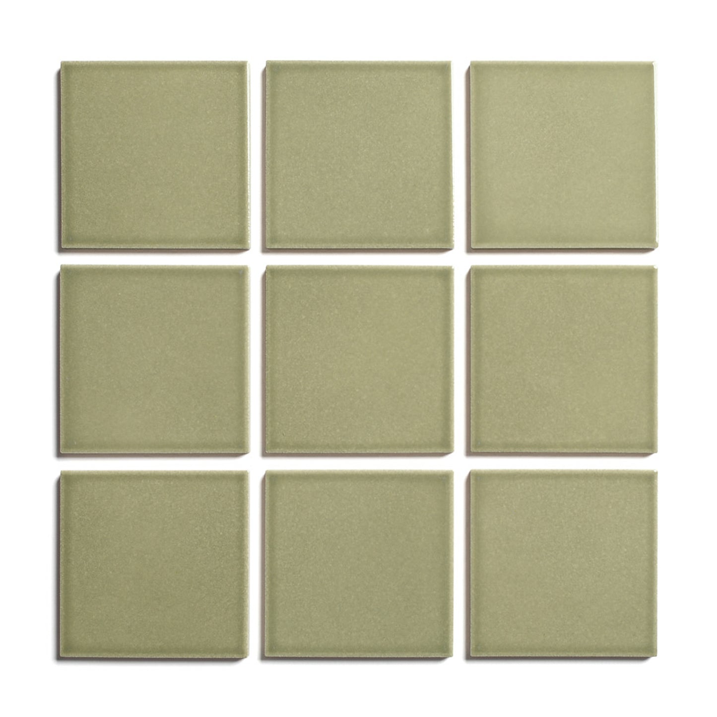 Nine Ponderosa 4x4 ceramic tiles by Zia Tile, featuring an olive green glossy finish, are arranged in a 3x3 grid on a white background.