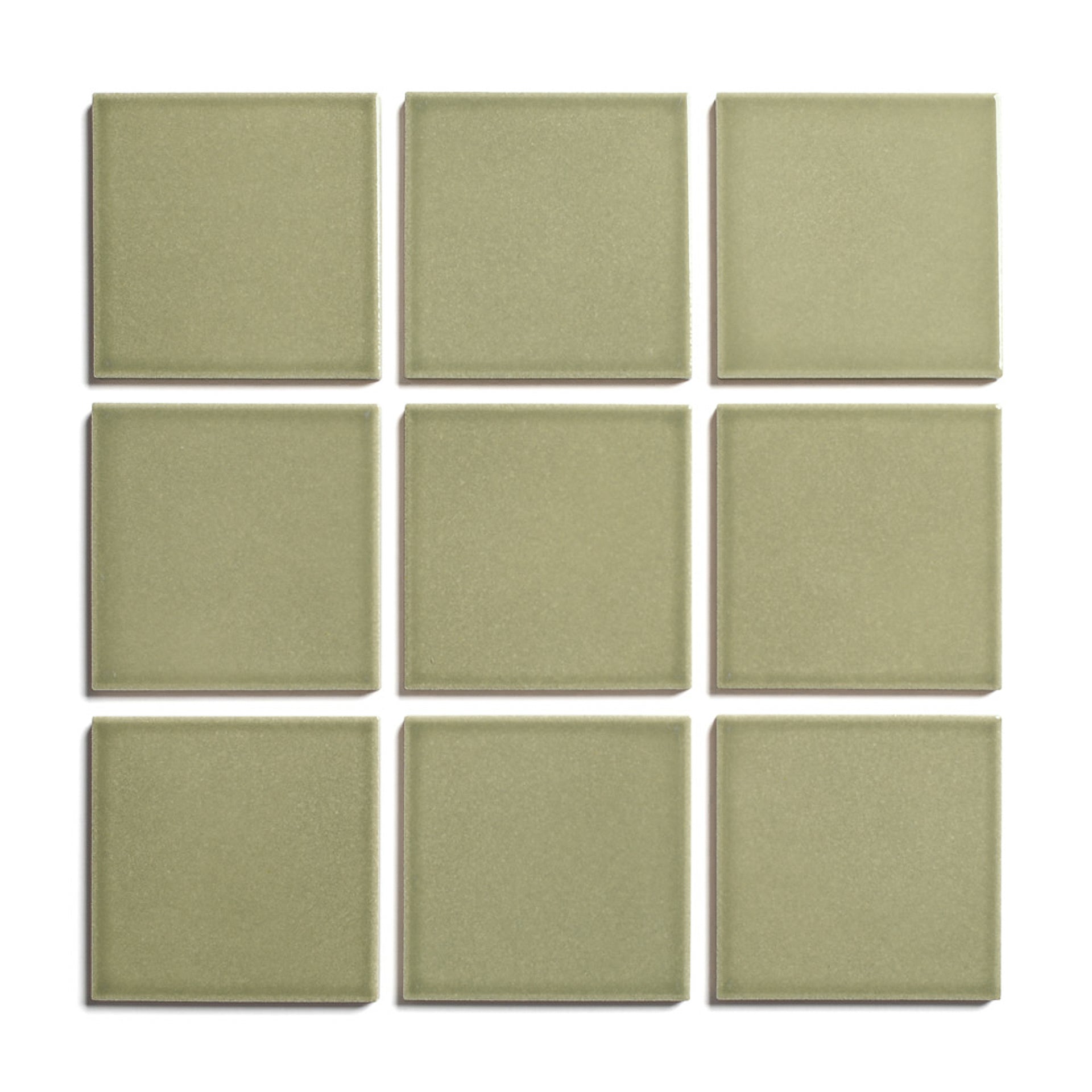 Nine Ponderosa 4x4 ceramic tiles by Zia Tile, featuring an olive green glossy finish, are arranged in a 3x3 grid on a white background.