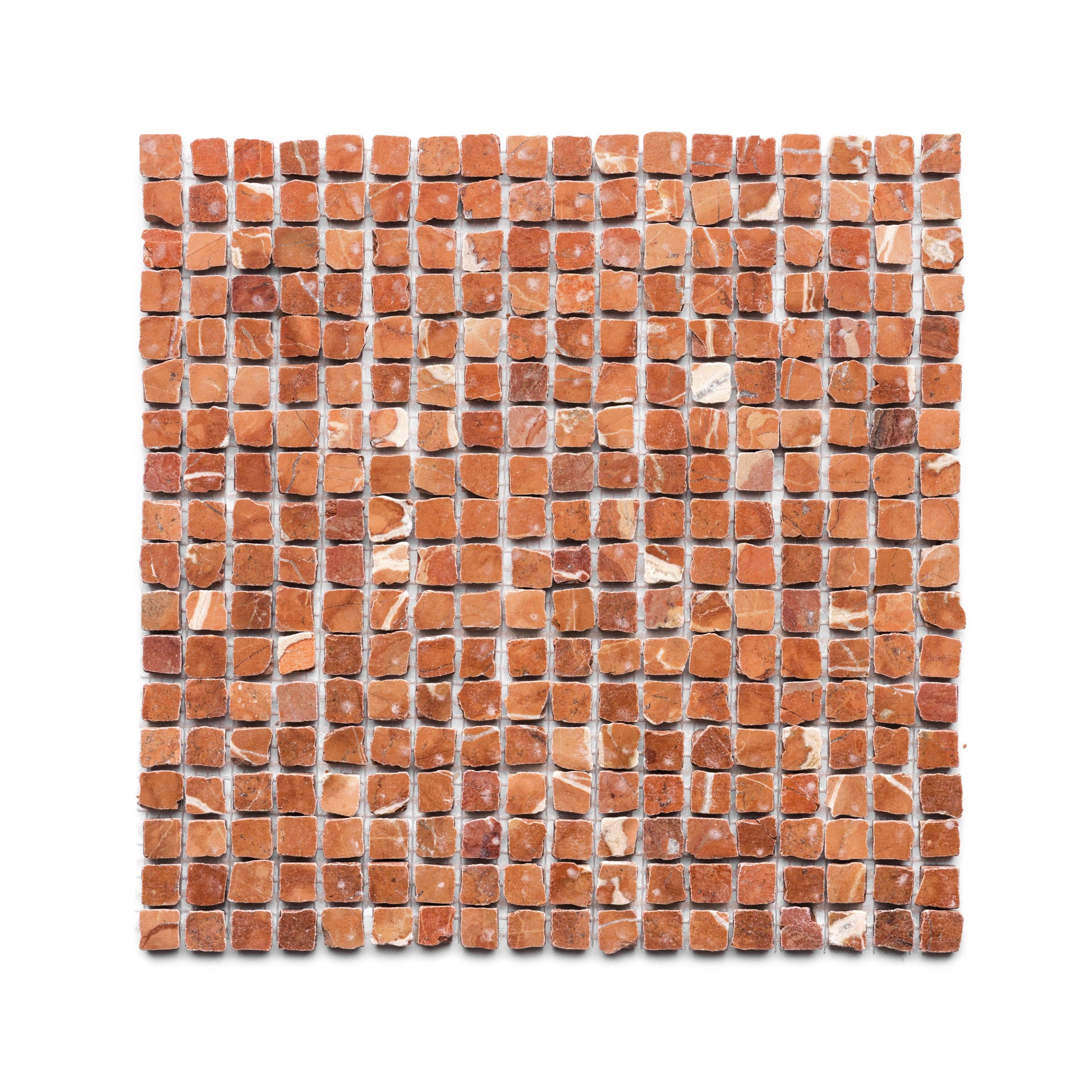 The Rosso Alicante 5/8 by Zia Tile is a square sheet of small, reddish-brown mosaic tiles with a marbled, rustic texture arranged in a grid pattern on a white backing, adding natural warmth to any space.