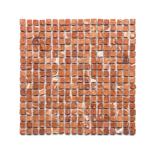 The Rosso Alicante 5/8 by Zia Tile is a square sheet of small, reddish-brown mosaic tiles with a marbled, rustic texture arranged in a grid pattern on a white backing, adding natural warmth to any space.