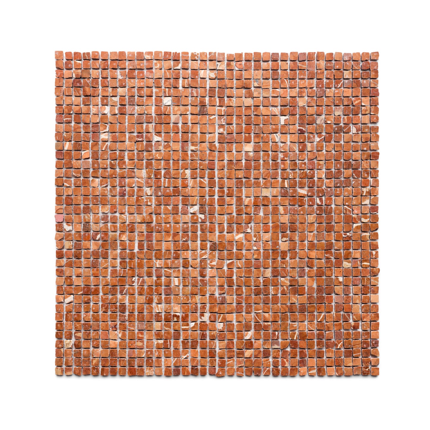 The Rosso Alicante 5/8 mosaic by Zia Tile features small, unevenly shaped reddish-brown tiles arranged in a grid on a white background.