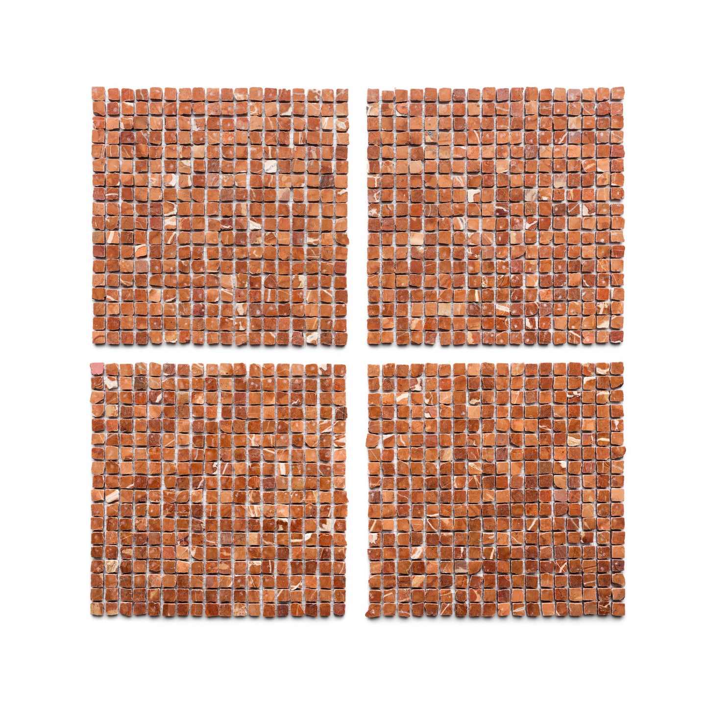 Four square sections of Zia Tile's Rosso Alicante 5/8, small reddish-brown mosaic tiles, are arranged in a grid on a white background, creating a window-like effect with gaps between the squares.