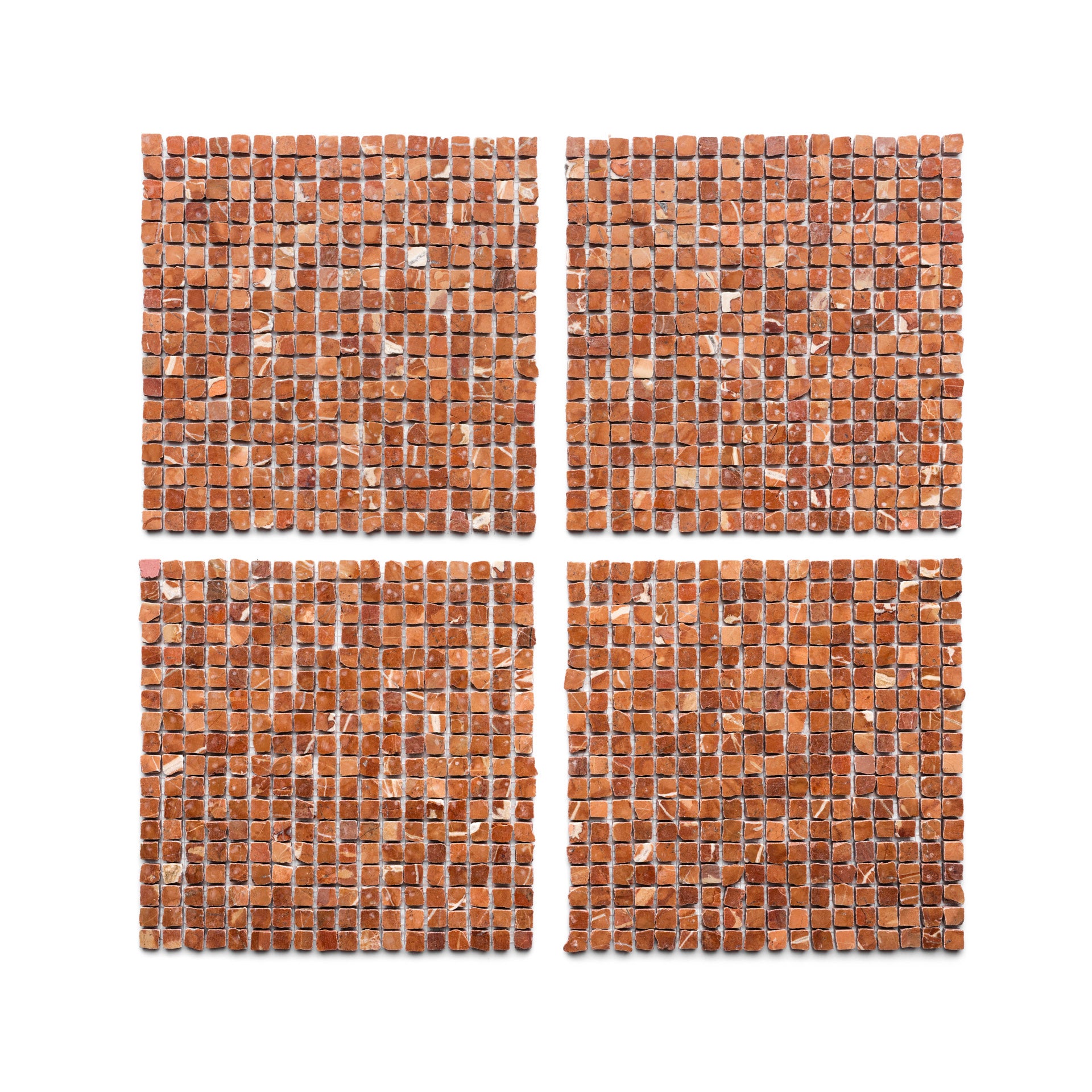 Four square sections of Zia Tile's Rosso Alicante 5/8, small reddish-brown mosaic tiles, are arranged in a grid on a white background, creating a window-like effect with gaps between the squares.