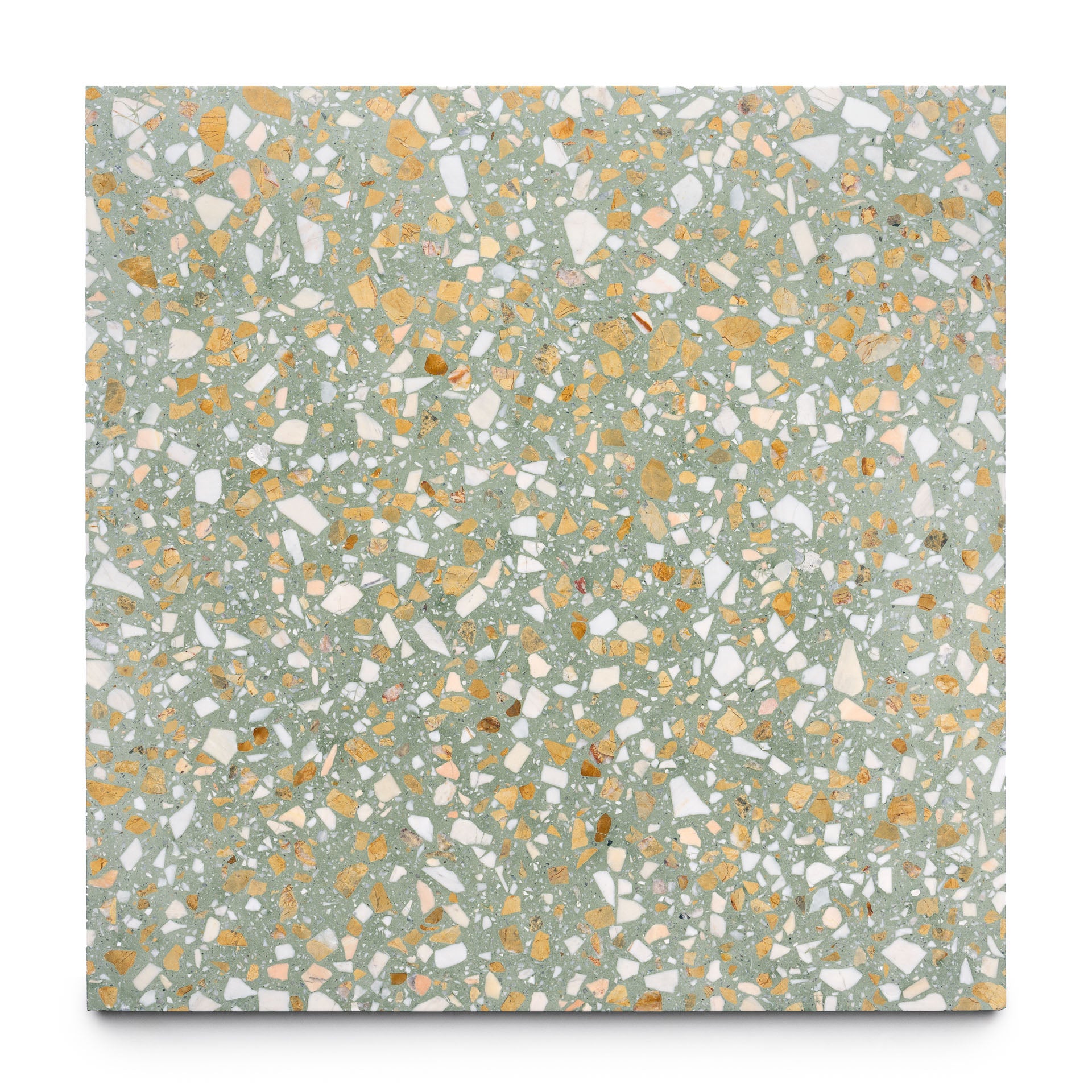 The Salt Bush 24x24 tile by Zia Tile is a square terrazzo tile with a light green base, showcasing white and yellow-orange chips in an irregular, speckled mosaic pattern for a distinctive look.
