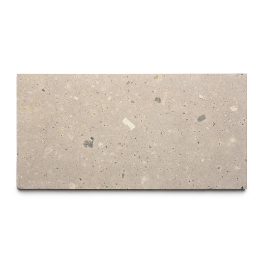 The Sierra 12x24 by Zia Tile is a rectangular beige terrazzo tile made from natural volcanic stone, showcasing small gray, white, and tan fragments evenly spread across its smooth surface.