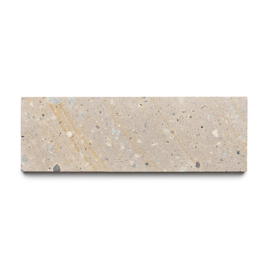The Sierra 4x12 by Zia Tile is a rectangular beige terrazzo tile with small gray, white, and tan fragments, inspired by Mexican Cantera stone and displayed on a white background.