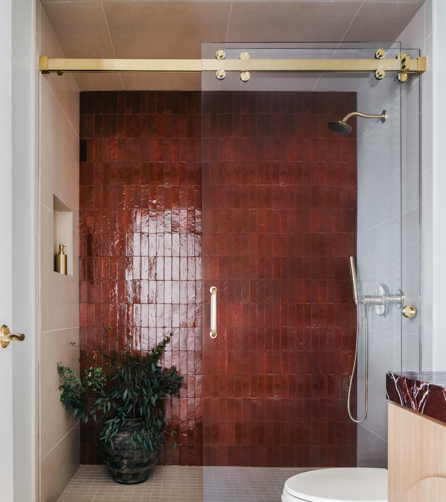A modern shower features a glass door, gold hardware, and a bold accent wall with Zia Tile’s Terra Rosa 2x6 tiles. A green potted plant sits in the corner, and a white toilet is visible in the foreground.