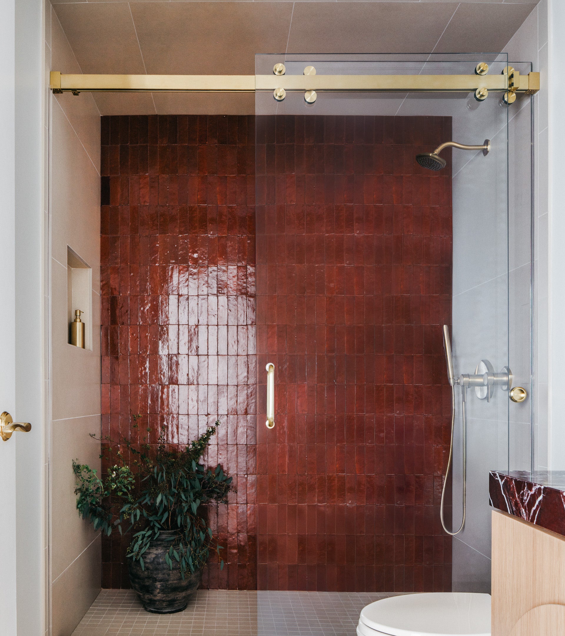 A modern shower features a glass door, gold hardware, and a bold accent wall with Zia Tile’s Terra Rosa 2x6 tiles. A green potted plant sits in the corner, and a white toilet is visible in the foreground.