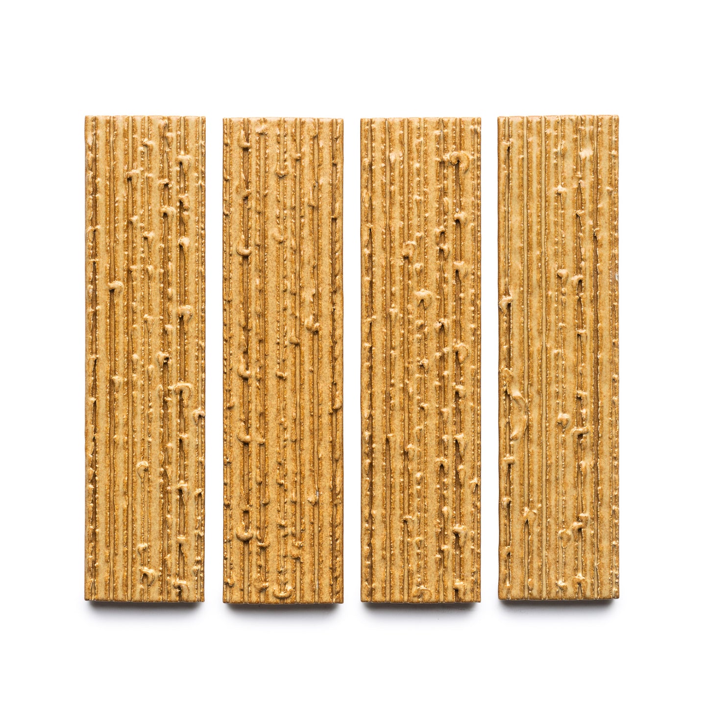 Four rectangular Toast + Furrowed crackers by Zia Tile are arranged vertically on a white background. Each cracker features a ridged surface with visible seeds and grains.