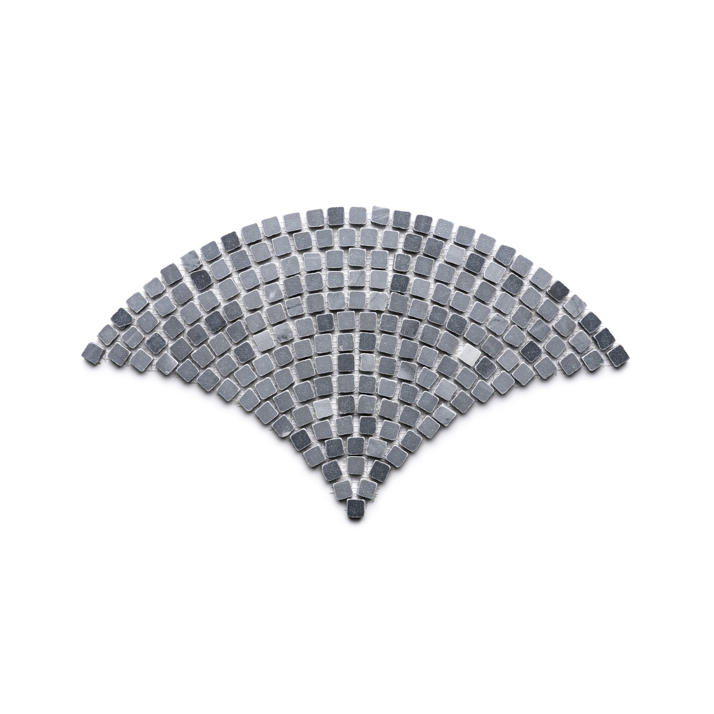 Zia Tile's Ventaglio in Bardiglio Imperiale features a fan-shaped mosaic of small, square gray and black tiles set in curved rows on a white background.