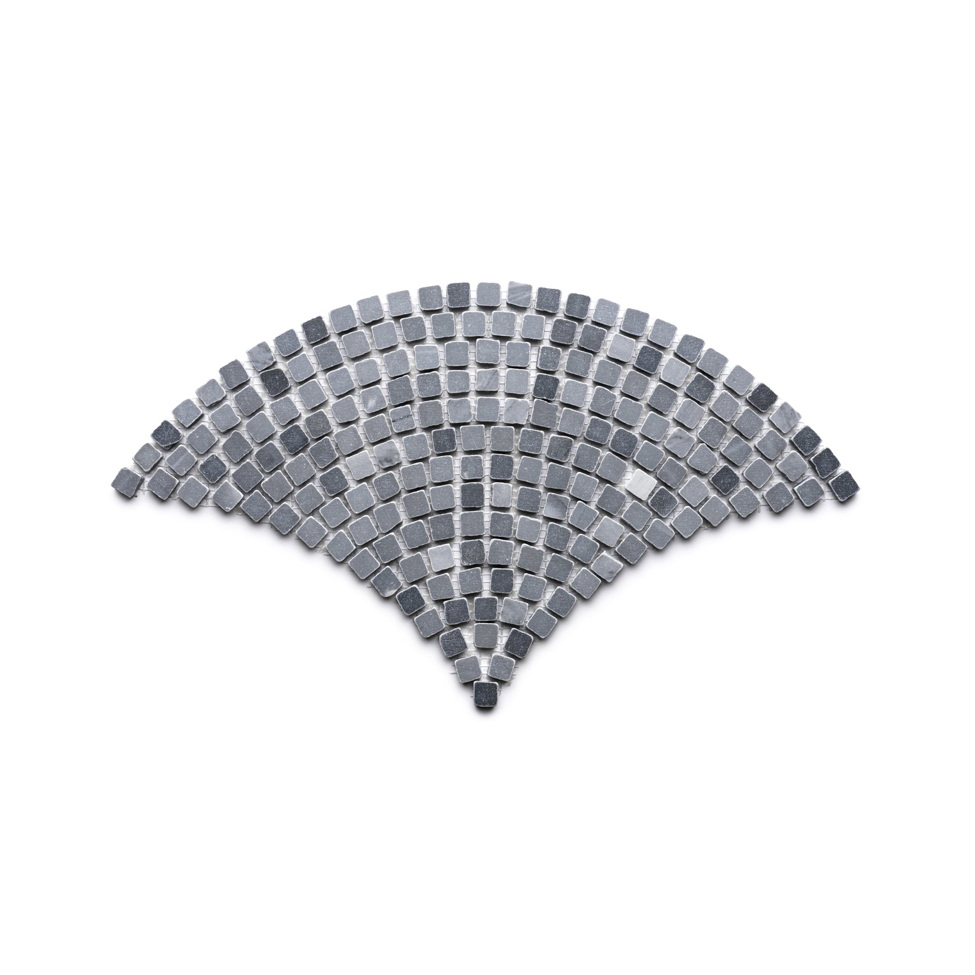 Zia Tile's Ventaglio in Bardiglio Imperiale features a fan-shaped mosaic of small, square gray and black tiles set in curved rows on a white background.