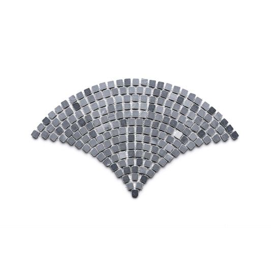 Zia Tile's Ventaglio in Bardiglio Imperiale features a fan-shaped mosaic of small, square gray and black tiles set in curved rows on a white background.