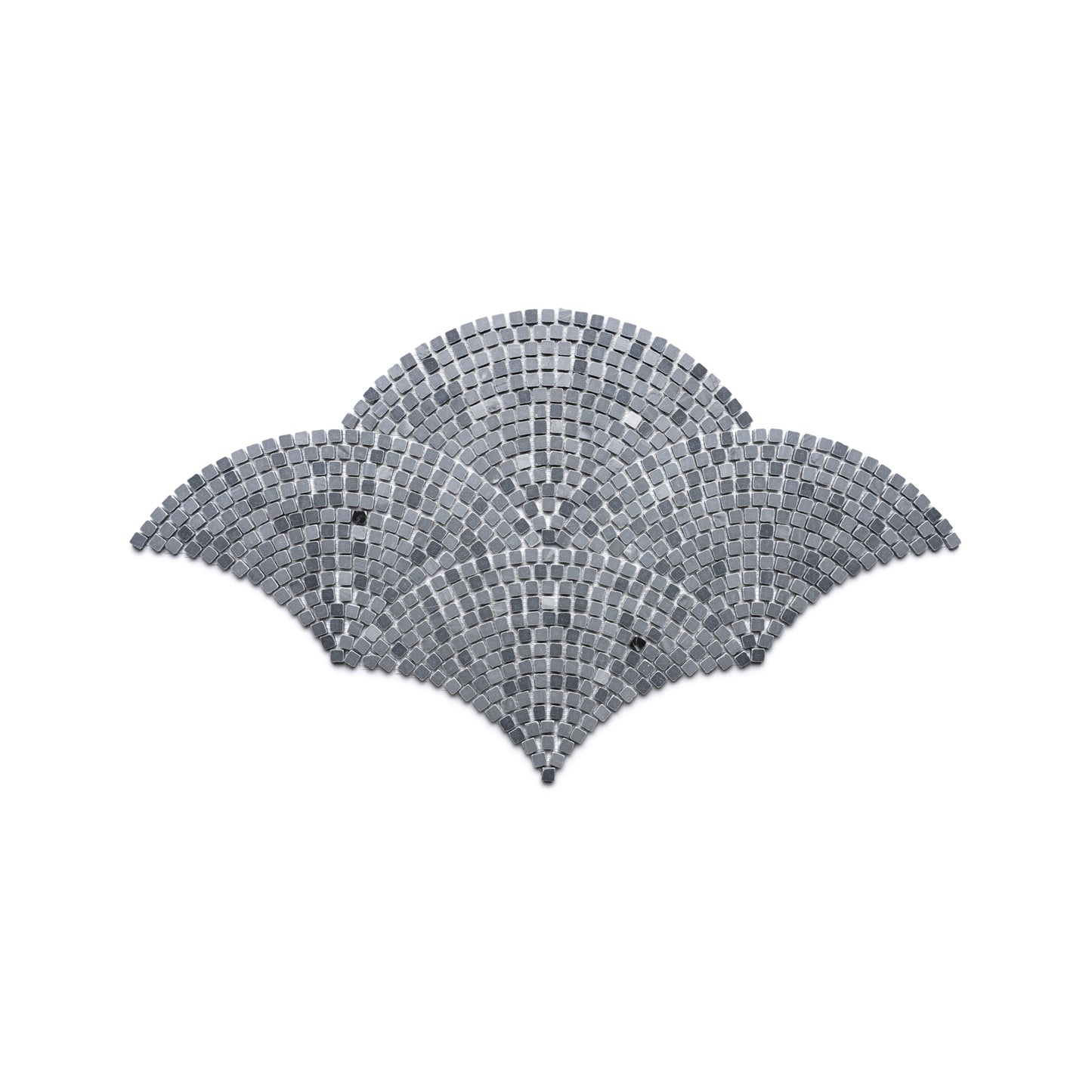 Ventaglio in Bardiglio Imperiale by Zia Tile features gray mosaic tiles in a fan-shaped, scalloped pattern that resembles overlapping fish scales or waves on a white background.