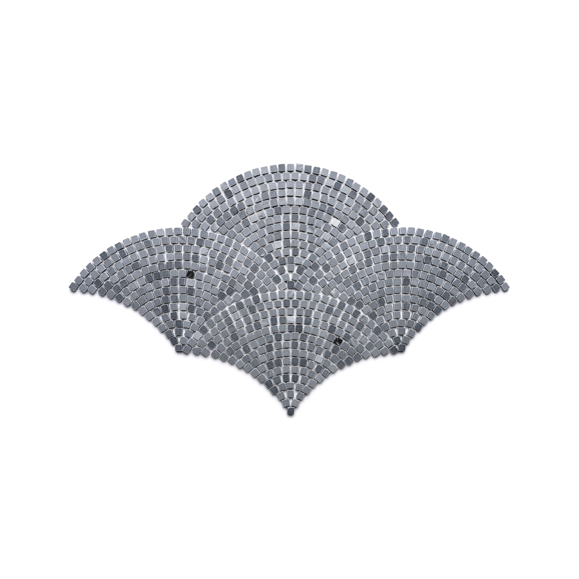 Ventaglio in Bardiglio Imperiale by Zia Tile features gray mosaic tiles in a fan-shaped, scalloped pattern that resembles overlapping fish scales or waves on a white background.