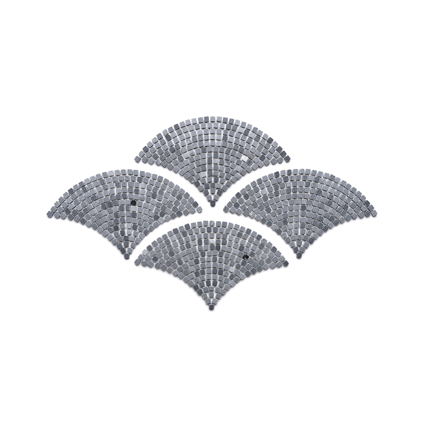 The Ventaglio in Bardiglio Imperiale by Zia Tile features four fan-shaped sections of small gray square mosaic tiles in a symmetrical pattern on a white background.