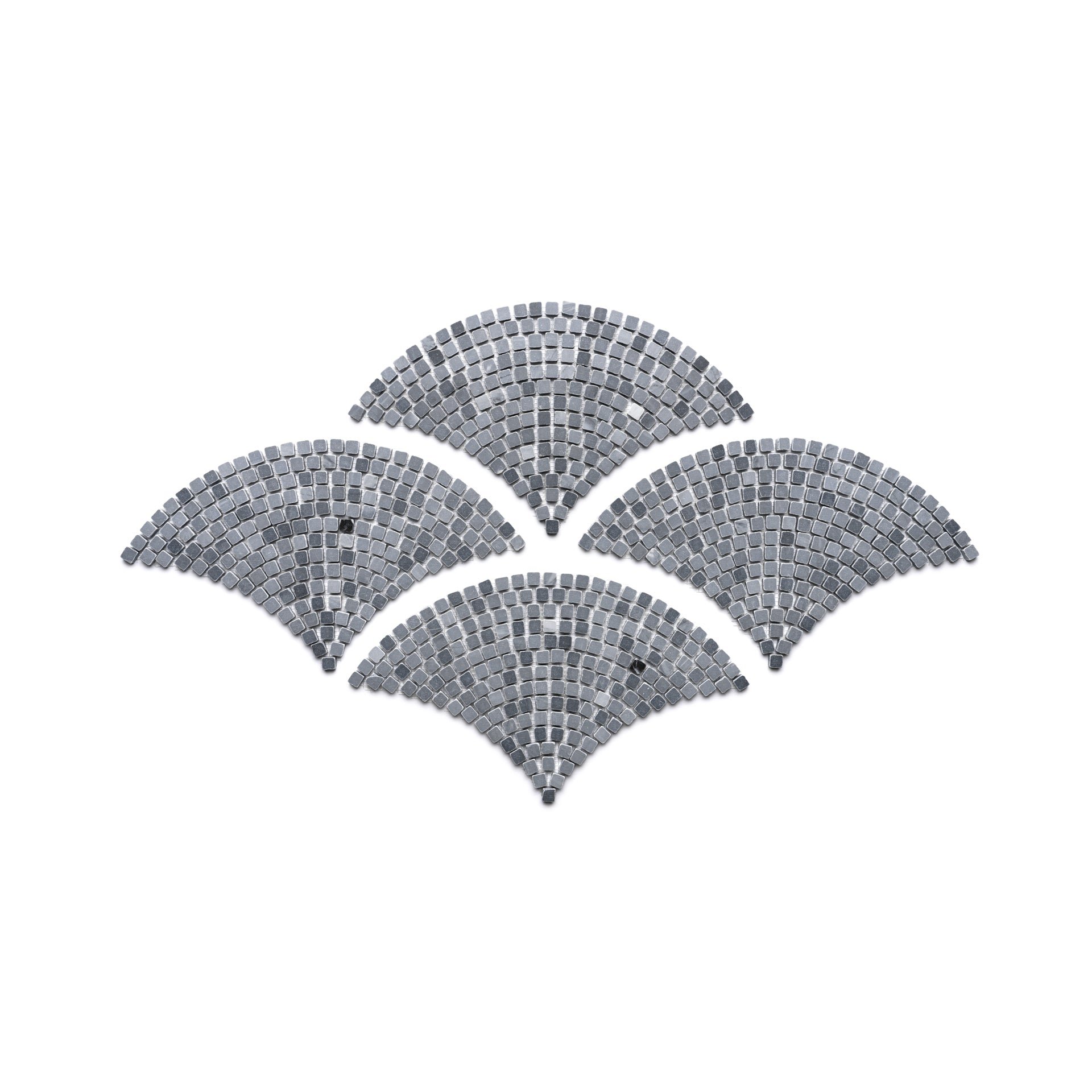 The Ventaglio in Bardiglio Imperiale by Zia Tile features four fan-shaped sections of small gray square mosaic tiles in a symmetrical pattern on a white background.