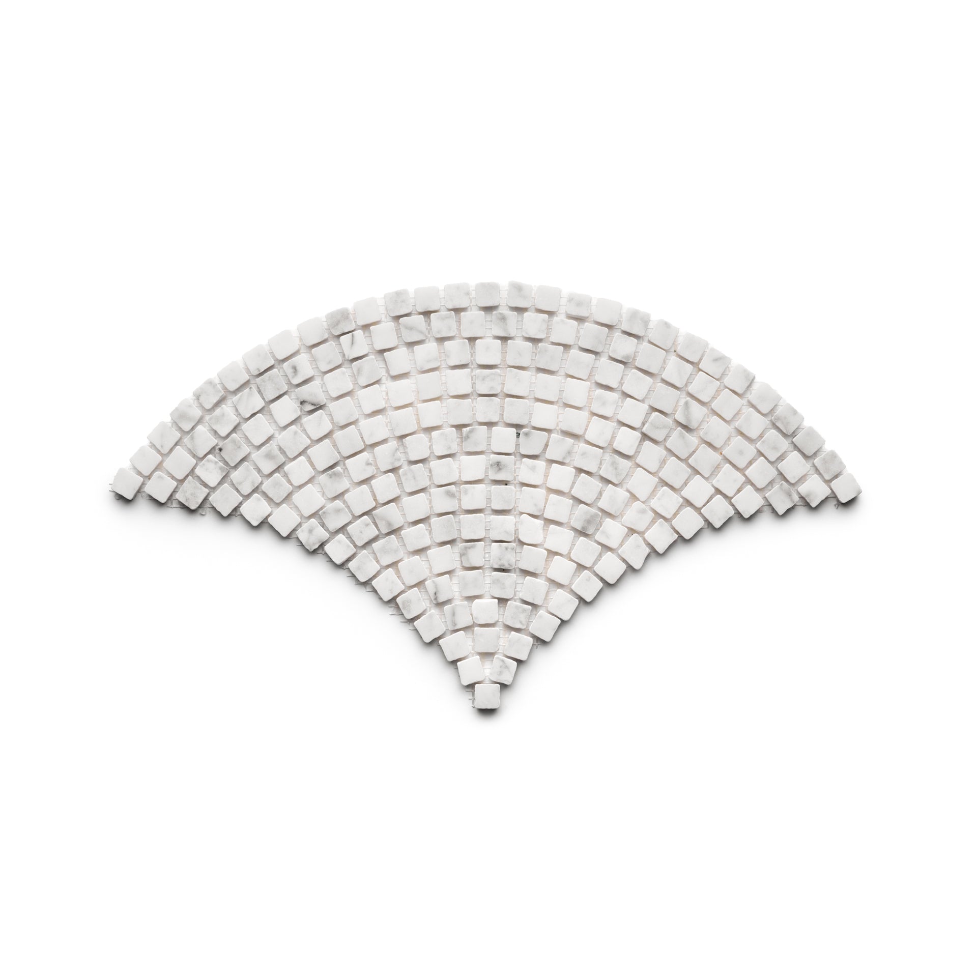 The Ventaglio in Carrara by Zia Tile features a fan-shaped mosaic of small, square white tiles arranged in curved, semi-circular rows on a white background.