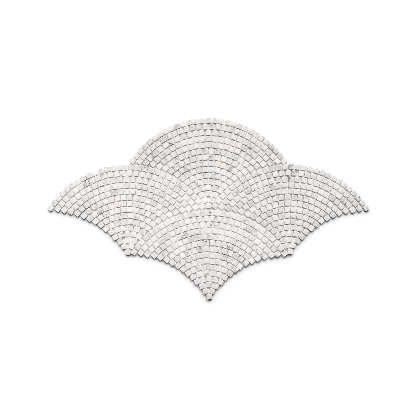 Ventaglio in Carrara by Zia Tile features white mosaic tiles in an overlapping, fan-like scalloped pattern set on a plain white background.