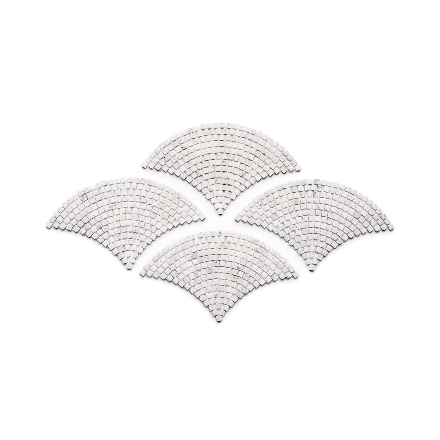 Four Ventaglio in Carrara mosaic tile sheets by Zia Tile, featuring small white square tiles, are arranged in a symmetrical fan-shaped, overlapping pattern on a white background.