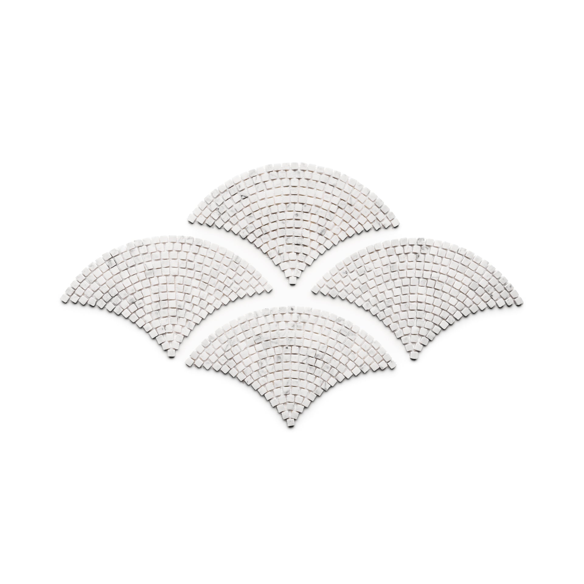 Four Ventaglio in Carrara mosaic tile sheets by Zia Tile, featuring small white square tiles, are arranged in a symmetrical fan-shaped, overlapping pattern on a white background.