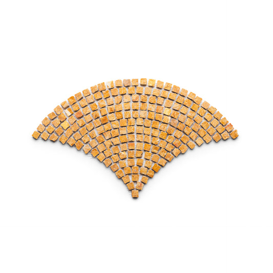 A Wi-Fi signal icon crafted from Ventaglio in Giallo Reale tiles by Zia Tile, arranged on a white background.