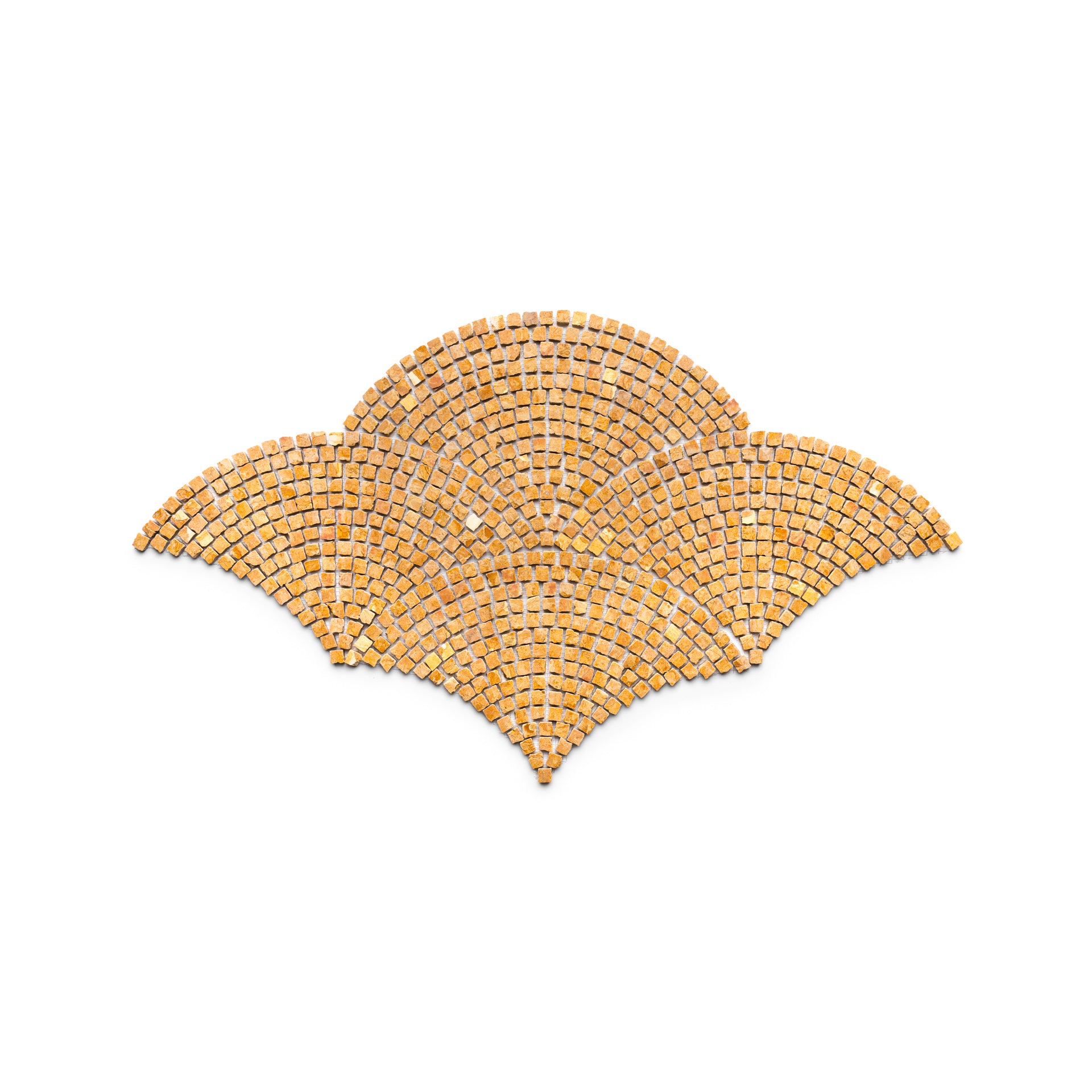 Ventaglio in Giallo Reale by Zia Tile features a fan-shaped layout of small, square, gold-toned tiles creating an art deco-inspired geometric pattern on a white background.