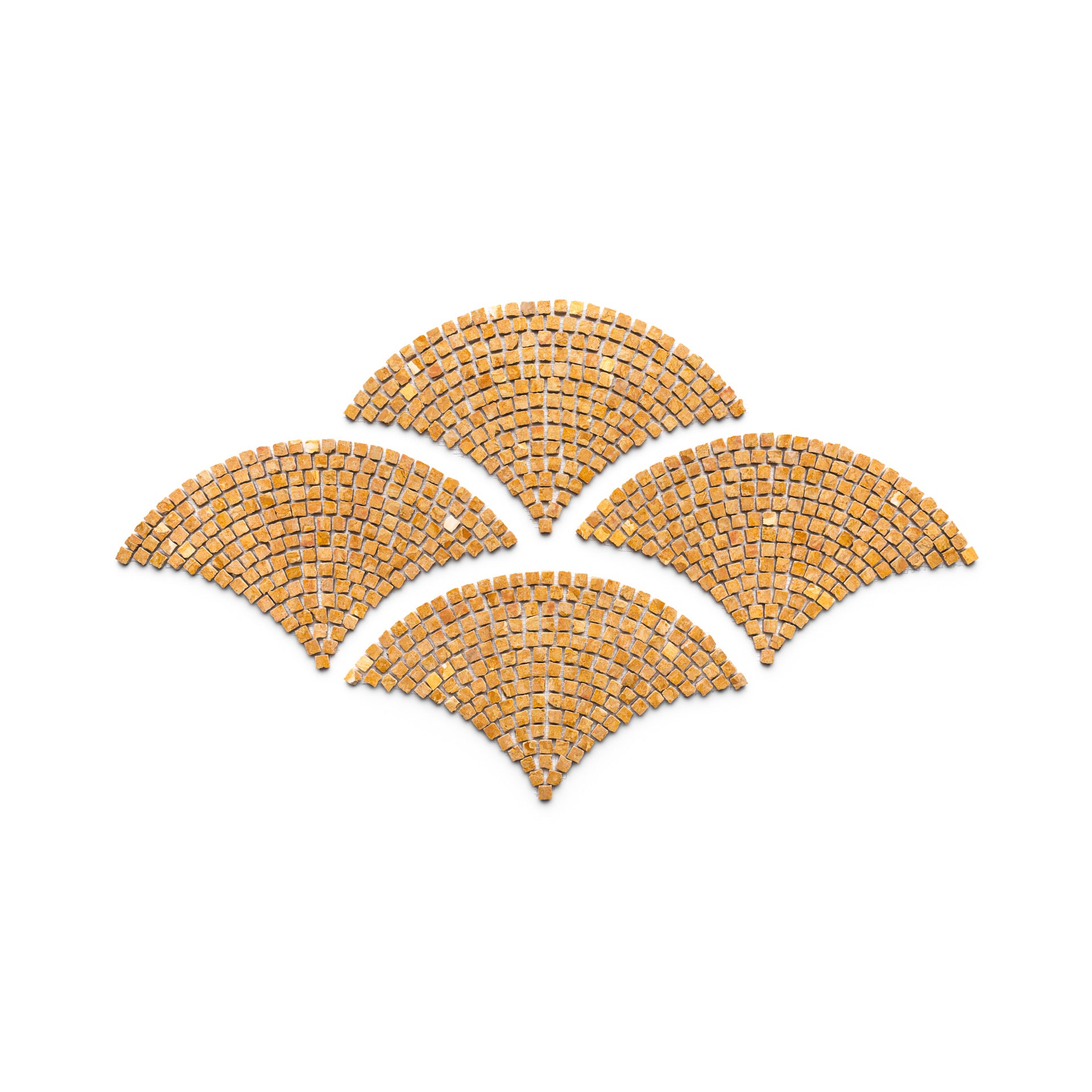 The Ventaglio in Giallo Reale by Zia Tile features four fan-shaped patterns of small, square, golden-brown tiles arranged symmetrically on a white background.