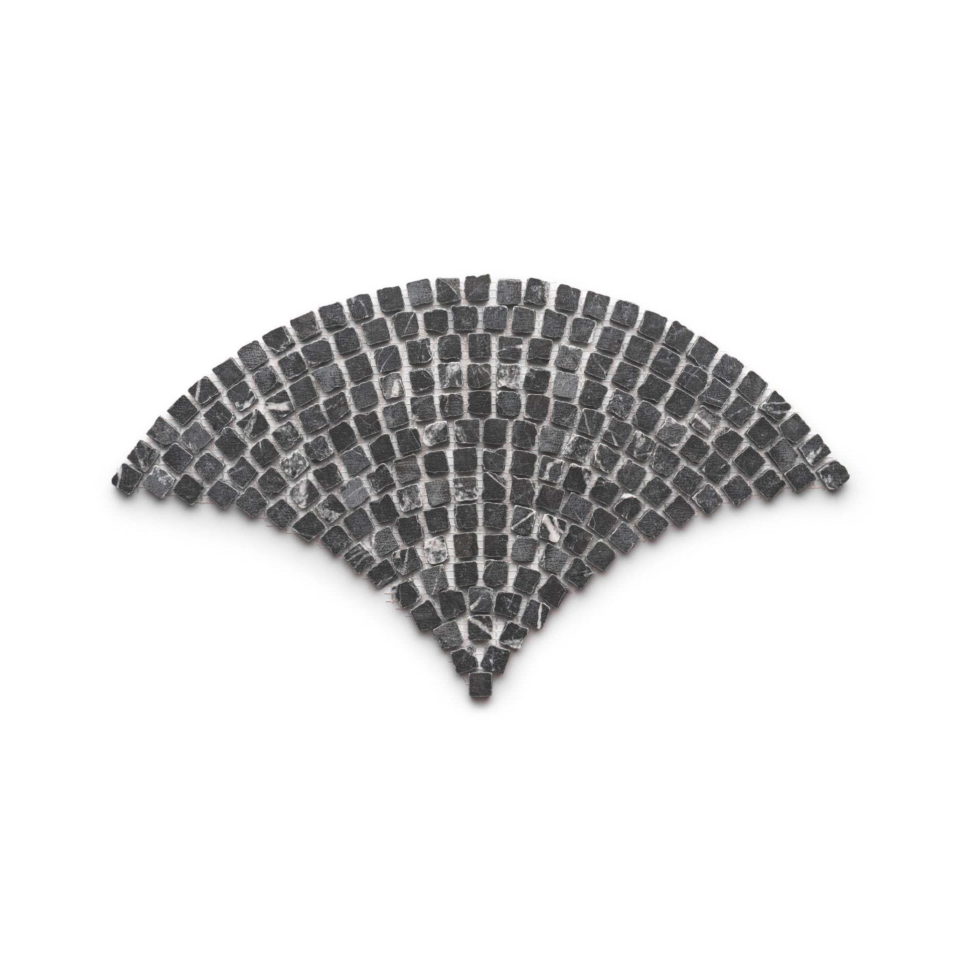 The Ventaglio in Grigio Carnico by Zia Tile features a fan-shaped mosaic of small, square, dark gray stones elegantly arranged in curved rows on a white background.