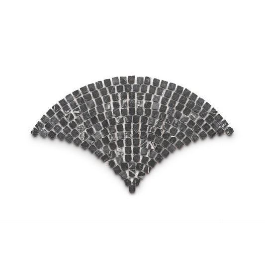 The Ventaglio in Grigio Carnico by Zia Tile features a fan-shaped mosaic of small, square, dark gray stones elegantly arranged in curved rows on a white background.