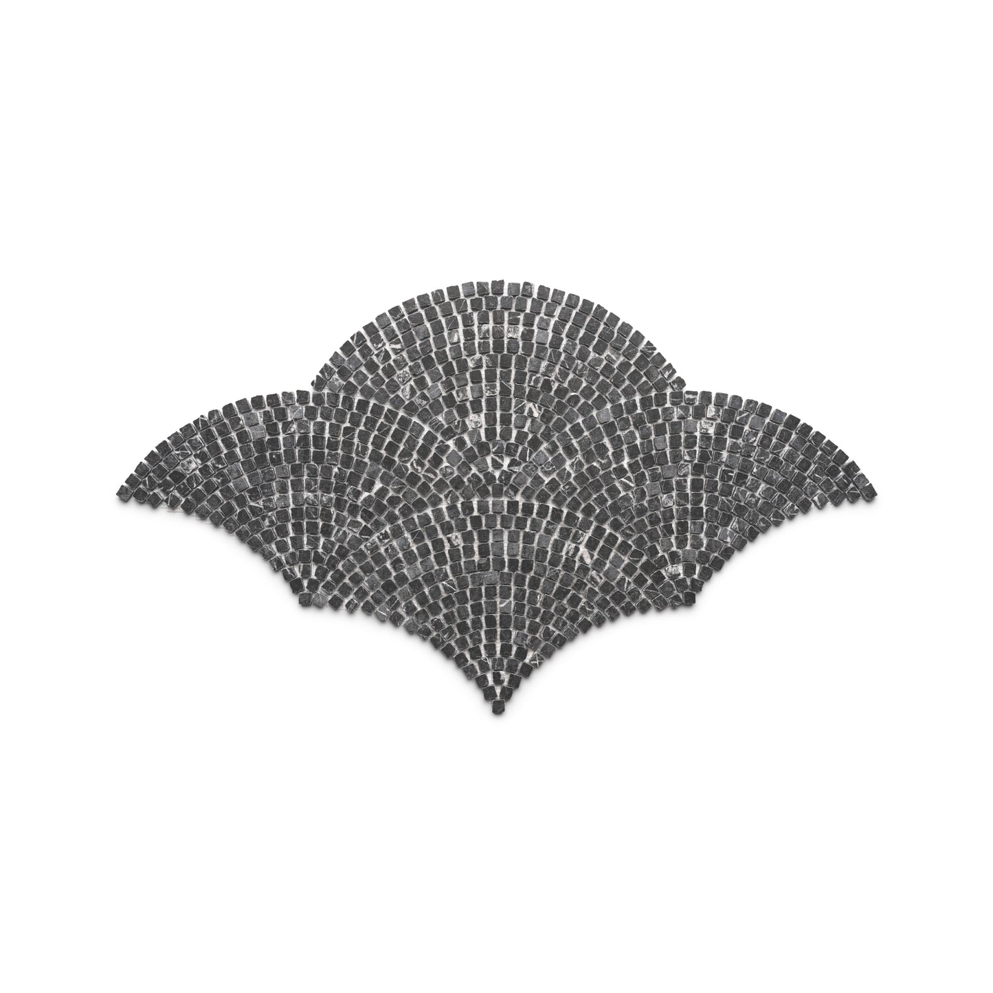 Ventaglio in Grigio Carnico by Zia Tile features black mosaic tiles in a symmetrical, fan-shaped pattern with three rounded arches, forming a striking geometric design on a white background.