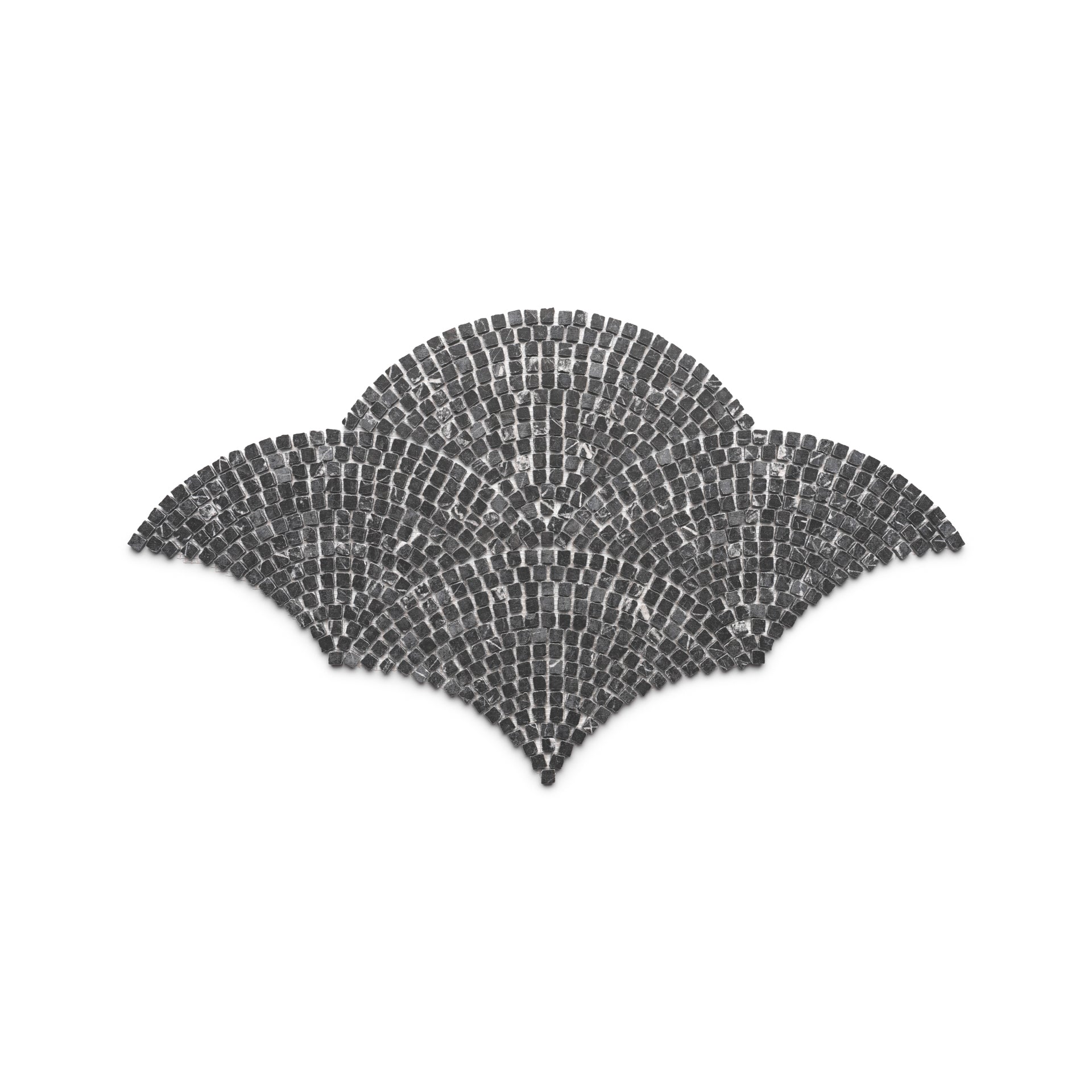 Ventaglio in Grigio Carnico by Zia Tile features black mosaic tiles in a symmetrical, fan-shaped pattern with three rounded arches, forming a striking geometric design on a white background.