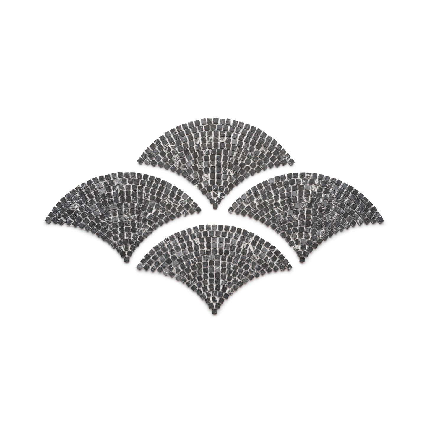 Four fan-shaped patterns of small, dark Grigio Carnico tiles from Zia Tile’s Ventaglio collection are arranged symmetrically on a white background.