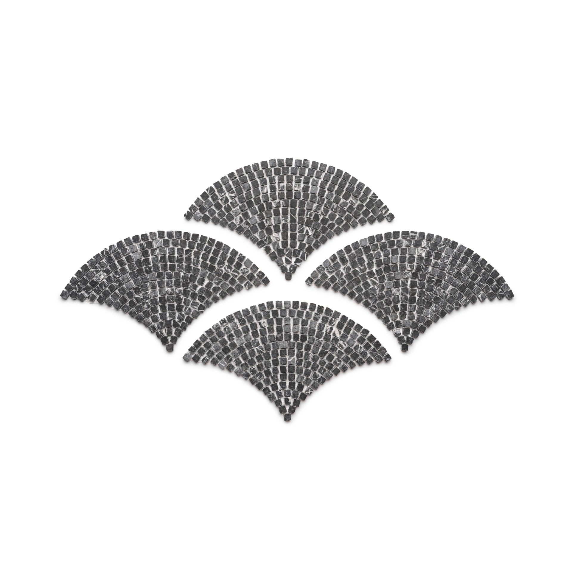 Four fan-shaped patterns of small, dark Grigio Carnico tiles from Zia Tile’s Ventaglio collection are arranged symmetrically on a white background.